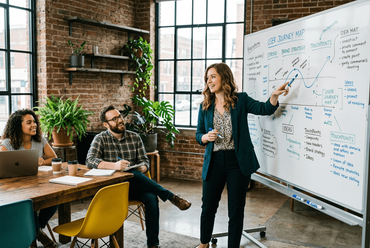 Professional sharing her opinion confidently during a team brainstorming session at a co-working space