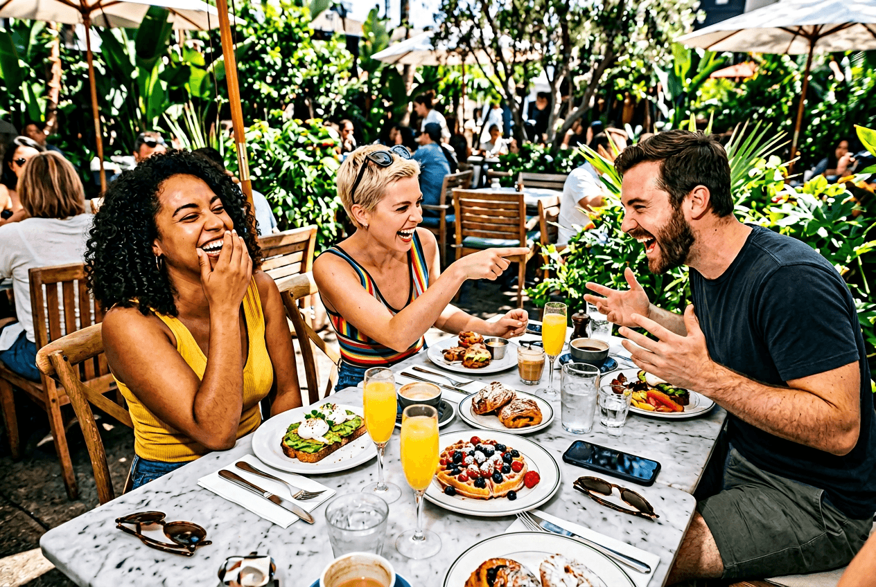 Friends laughing during brunch, natural setting for practicing casual English idioms in social conversation
