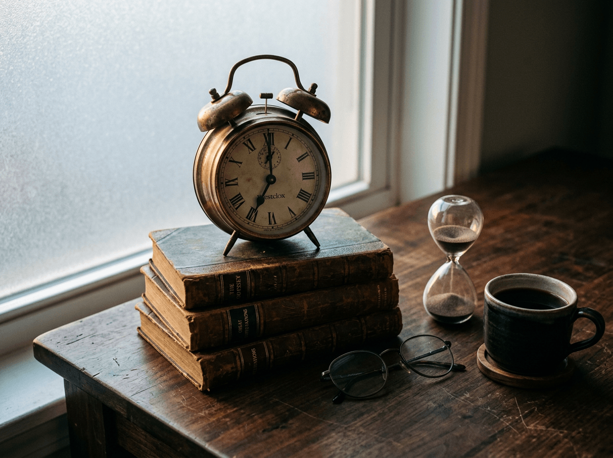 Vintage clock and books still life representing English idioms about time and effort