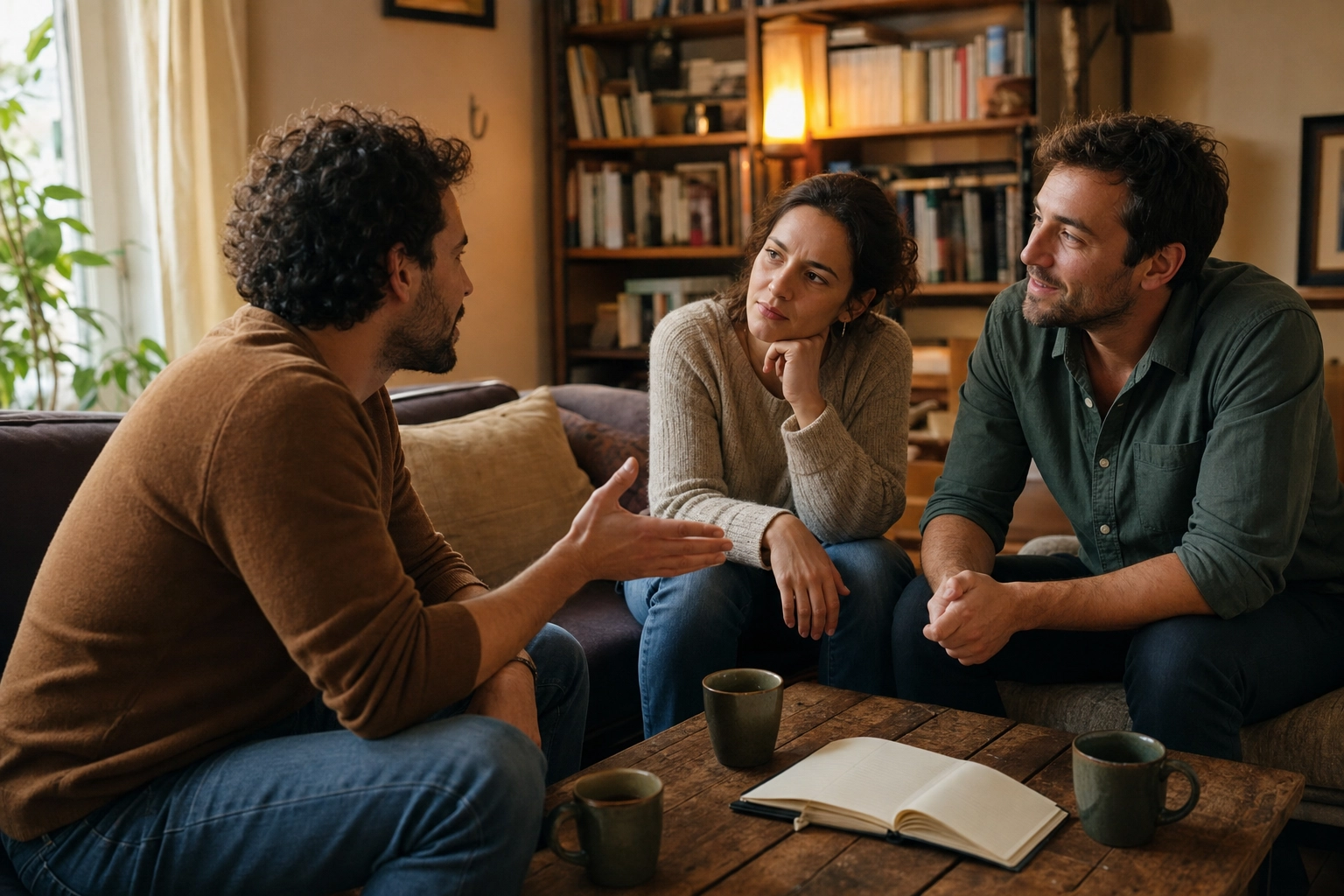Tre amici discutono di un argomento in salotto, uno d'accordo e uno in disaccordo, mostrando le frasi inglesi per esprimere opinioni