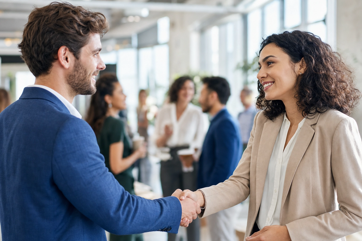 Due persone si stringono la mano e si presentano a un luminoso evento di networking, a illustrare i saluti in inglese