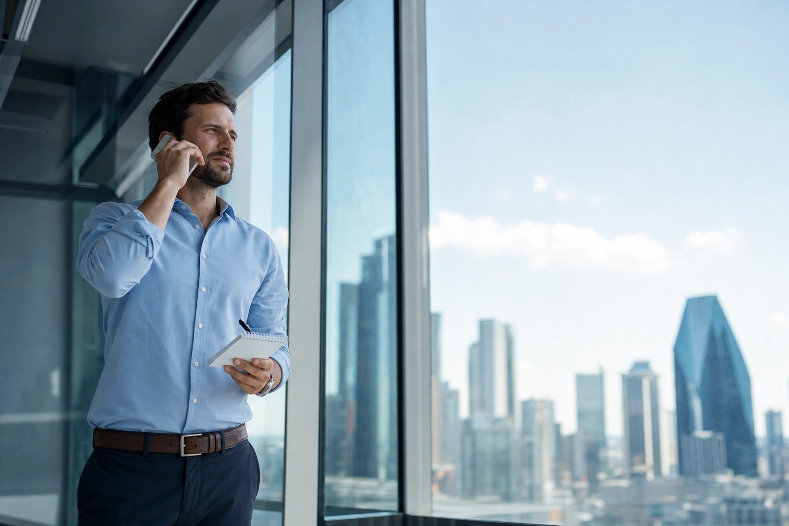 Un uomo prende appunti durante una telefonata in inglese accanto a una grande finestra dell'ufficio con vista sulla città
