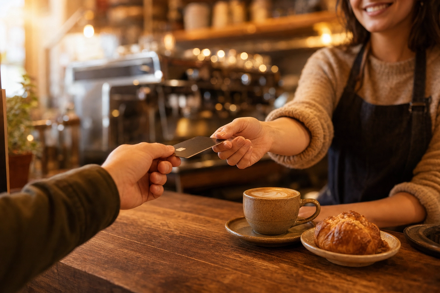 Un cliente porge una carta di pagamento a un barista al bancone di un bar mentre paga in inglese