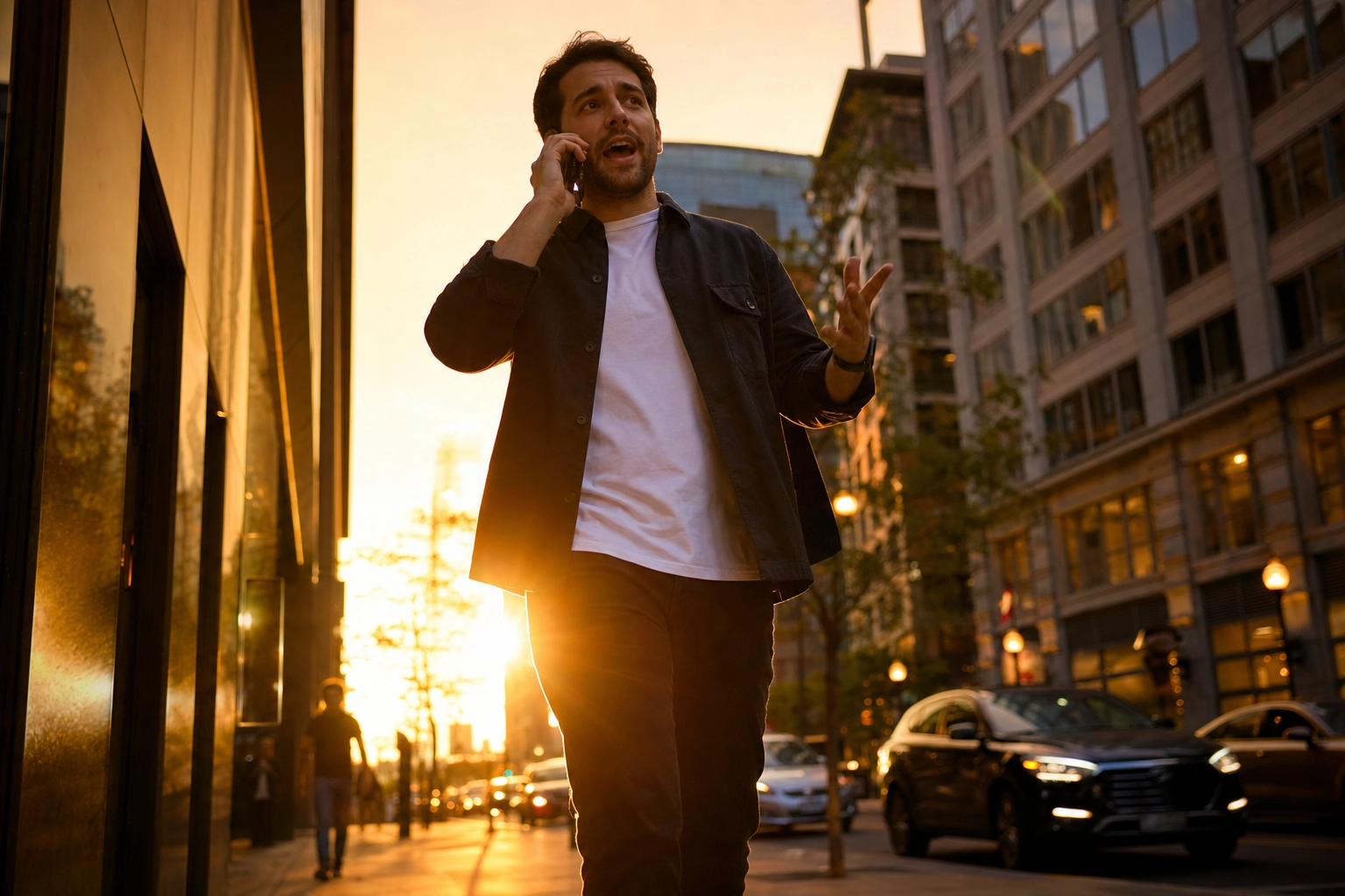 Person speaking animatedly on a phone call while walking at golden hour, showing daily out-loud English speaking practice