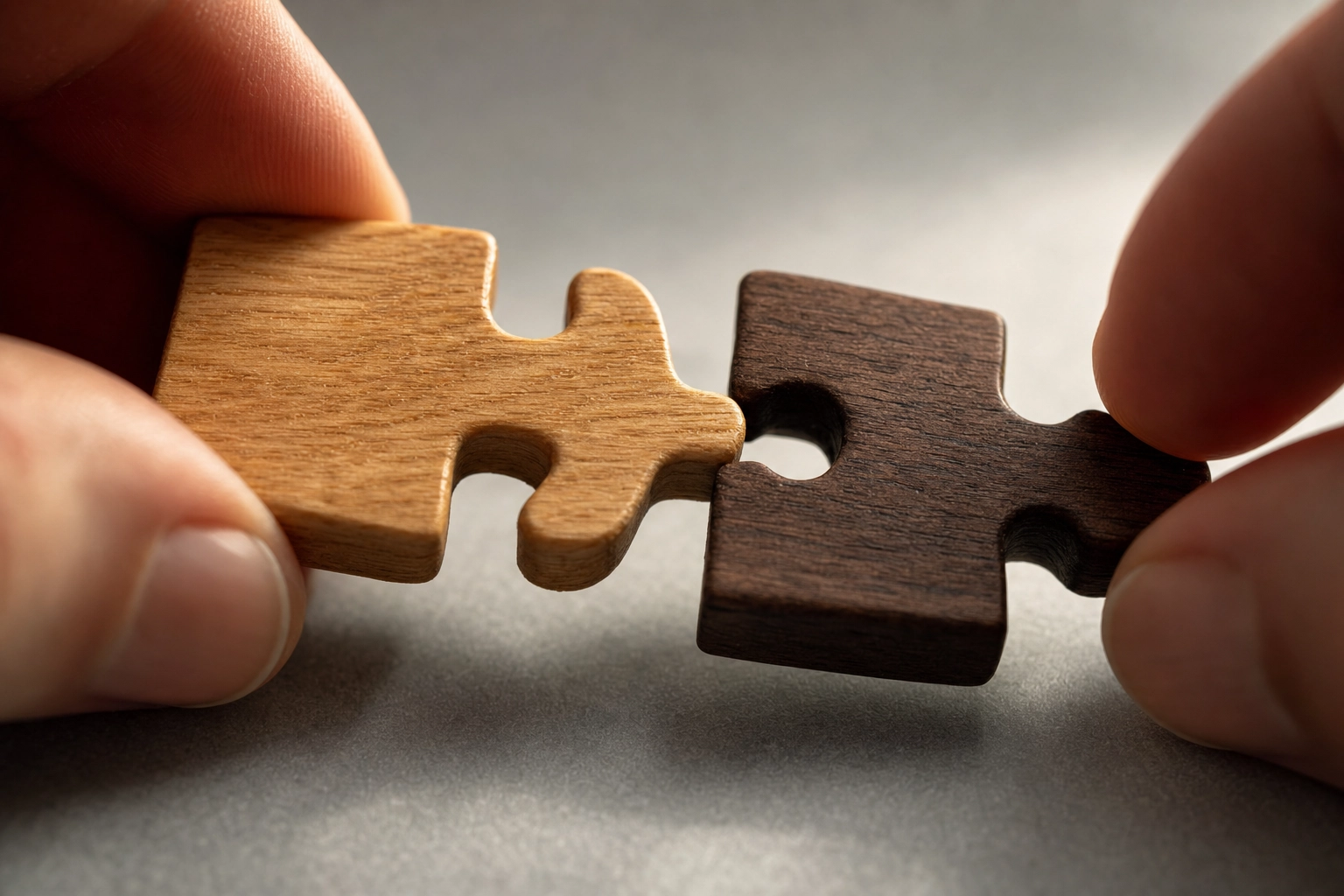 Two wooden puzzle pieces fitting together, a metaphor for English collocations where words must pair with the right partner word