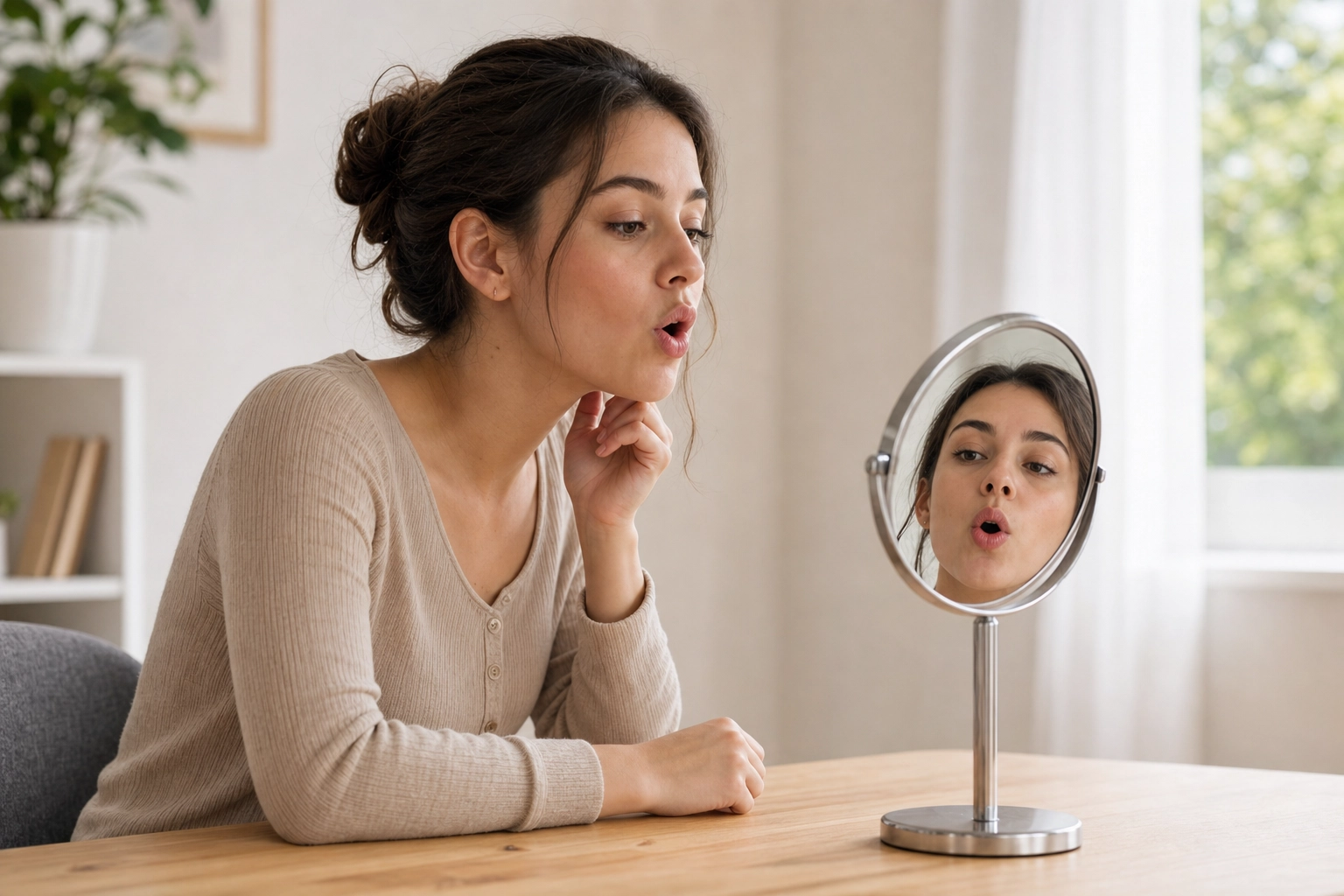 Learner practising English pronunciation in a desk mirror, watching her mouth shape to correct tricky sounds and word stress