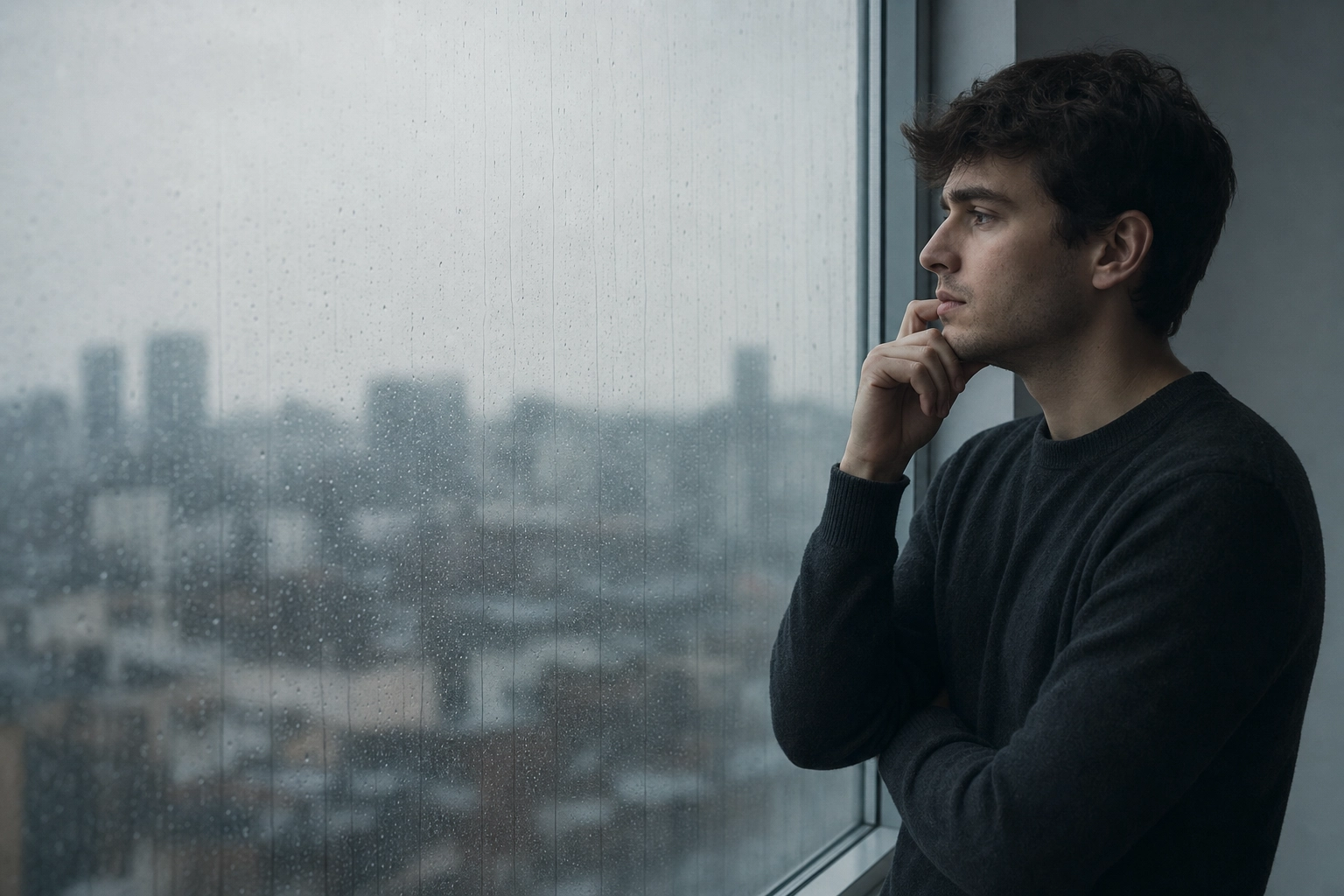 Language learner pausing thoughtfully by a window, representing the habit of thinking in English instead of translating word-for-word