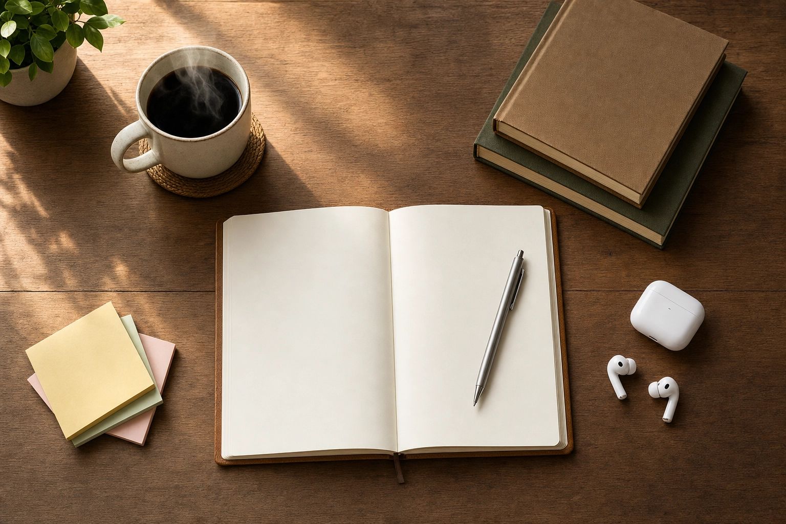 Overhead flat-lay of a study desk with blank notebook, coffee and earbuds for tracking personal English speaking mistakes