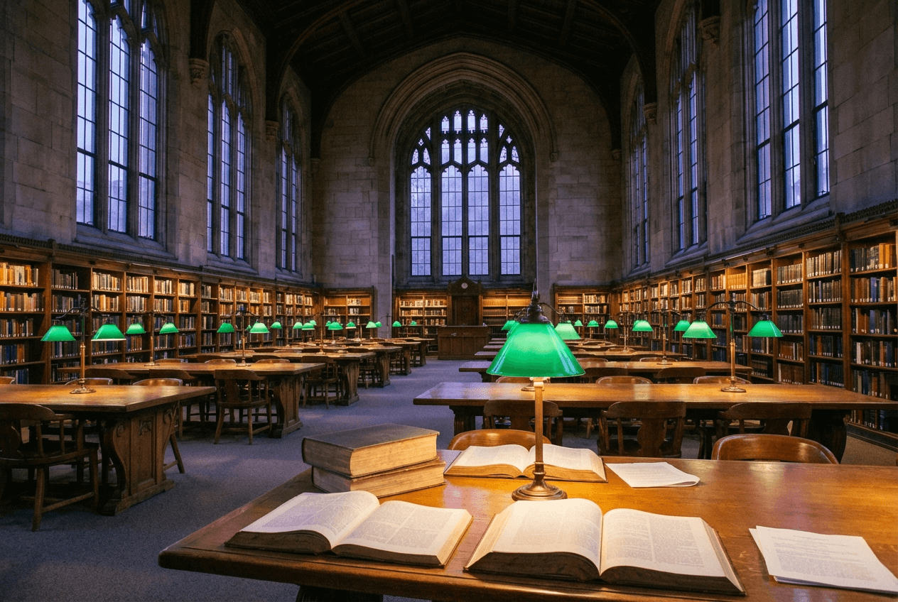 University library reading room with green desk lamps and towering bookshelves at dusk