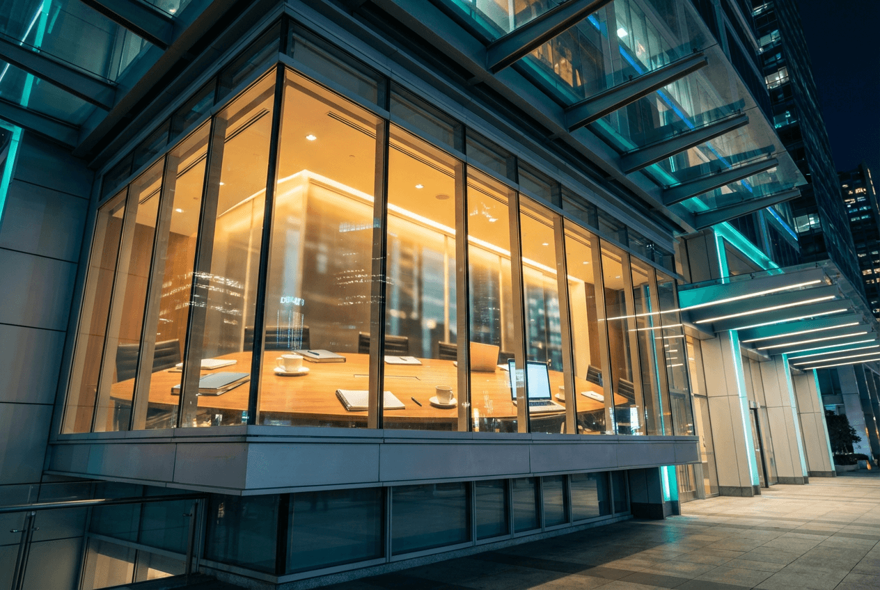 Modern glass conference room at night with city reflections, representing business English vocabulary