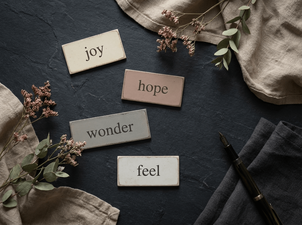 Flat-lay of scattered word tiles showing emotional vocabulary on dark slate with dried flowers