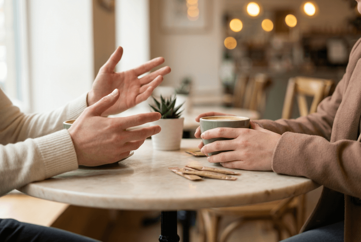 Two people having an animated English conversation at a café table with expressive hand gestures