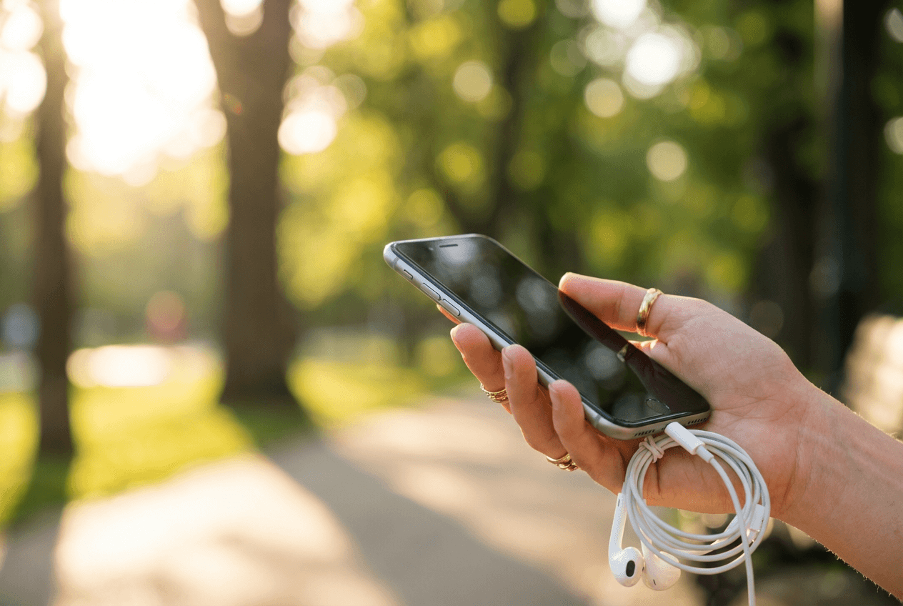 Hand holding iPhone with earbuds in a sunny park, ready for English speaking practice