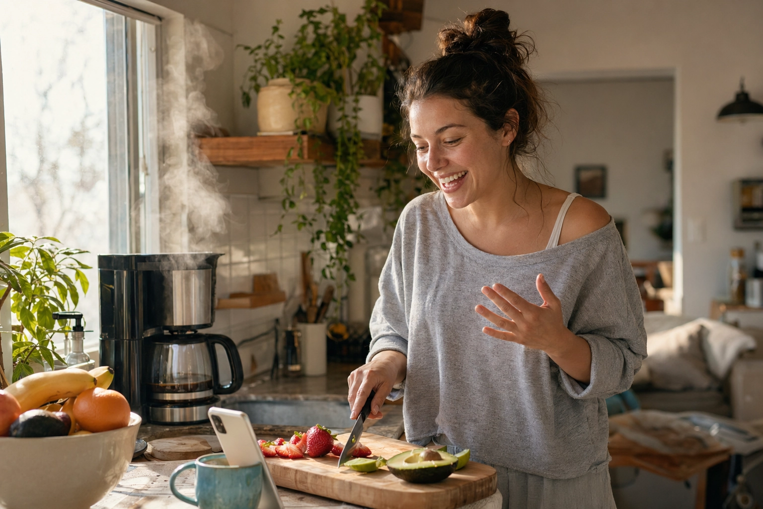 Woman practicing English speaking with AI tutor while making breakfast in a sunny kitchen, demonstrating casual everyday conversation practice