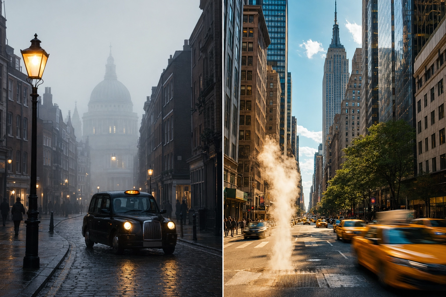 Split-frame contrast of foggy London street and sunlit New York avenue representing British versus American connected speech