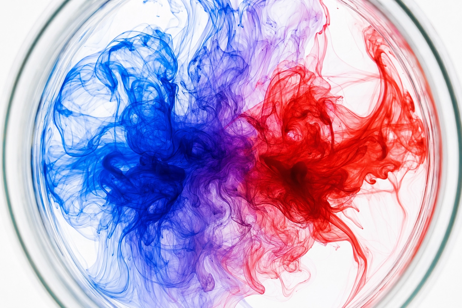 Macro photograph of red and blue ink droplets blending into violet in water, visualizing assimilation in connected English speech