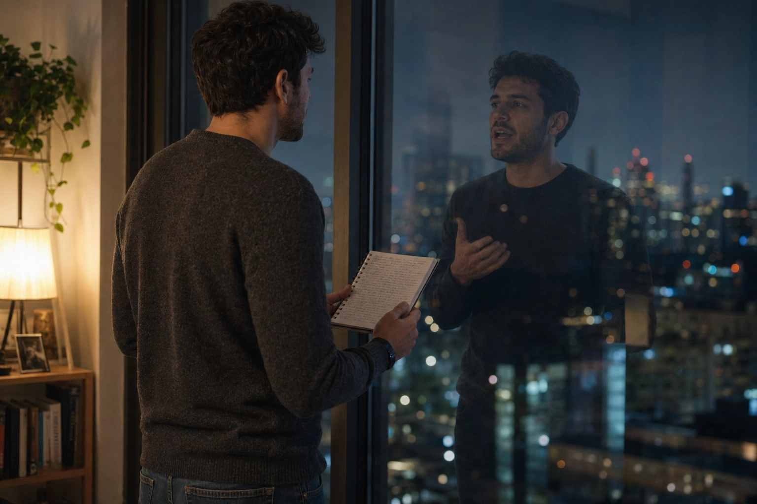 Man practicing English connected speech drills aloud at a window, talking to his own reflection while reviewing handwritten phrases