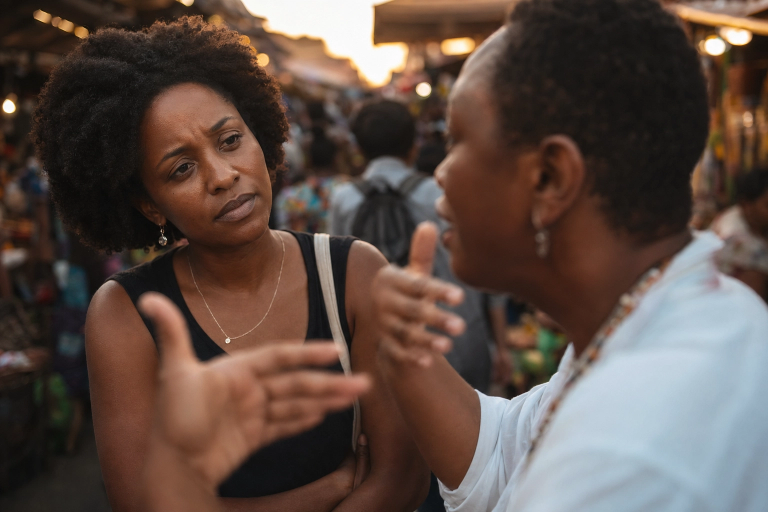 Listener concentrating to understand a fast-talking native English speaker at a busy market, illustrating the connected speech comprehension challenge