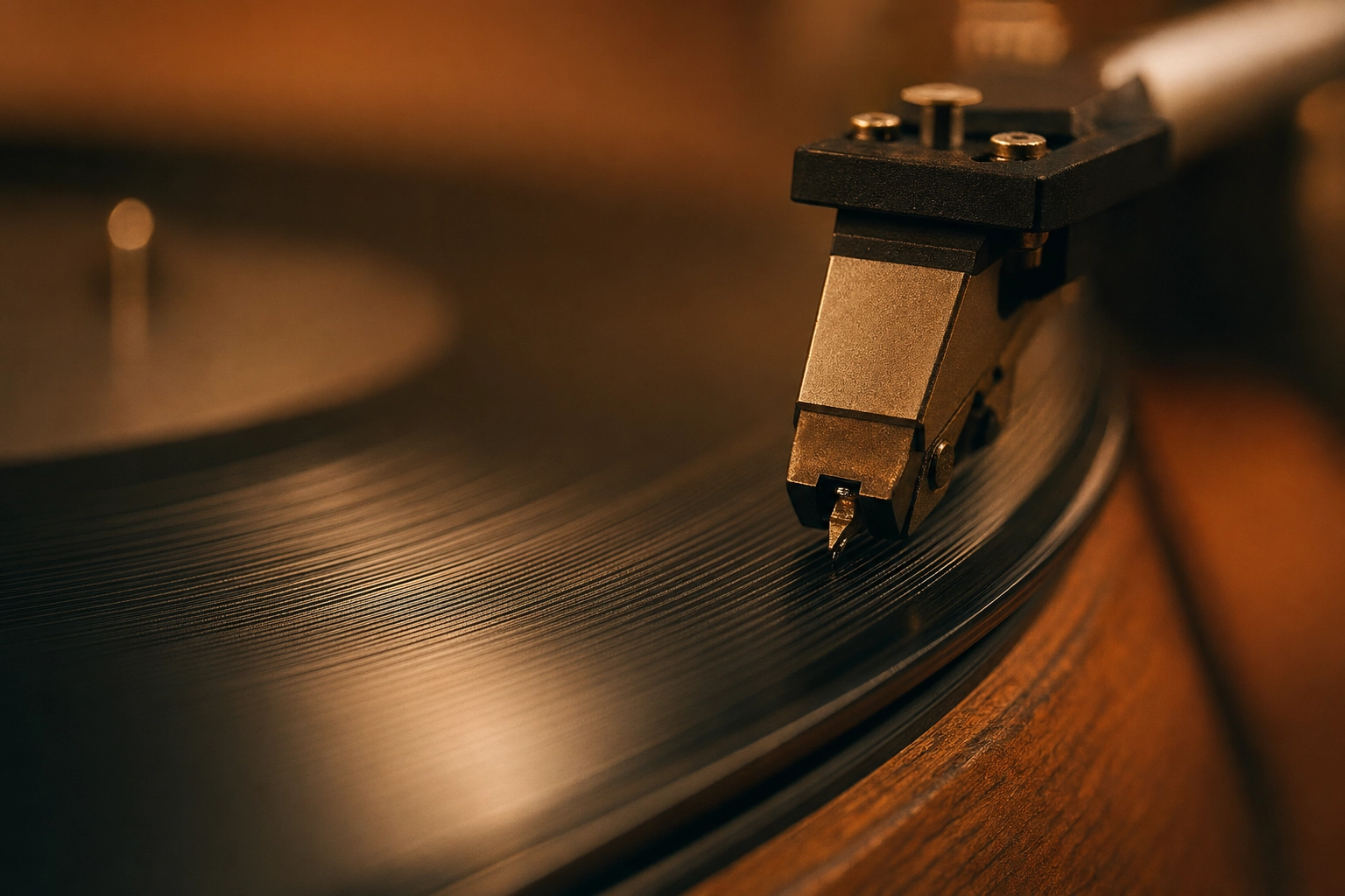Macro view of a vinyl record turntable with stylus on the grooves, representing continuous English speech for ear training practice