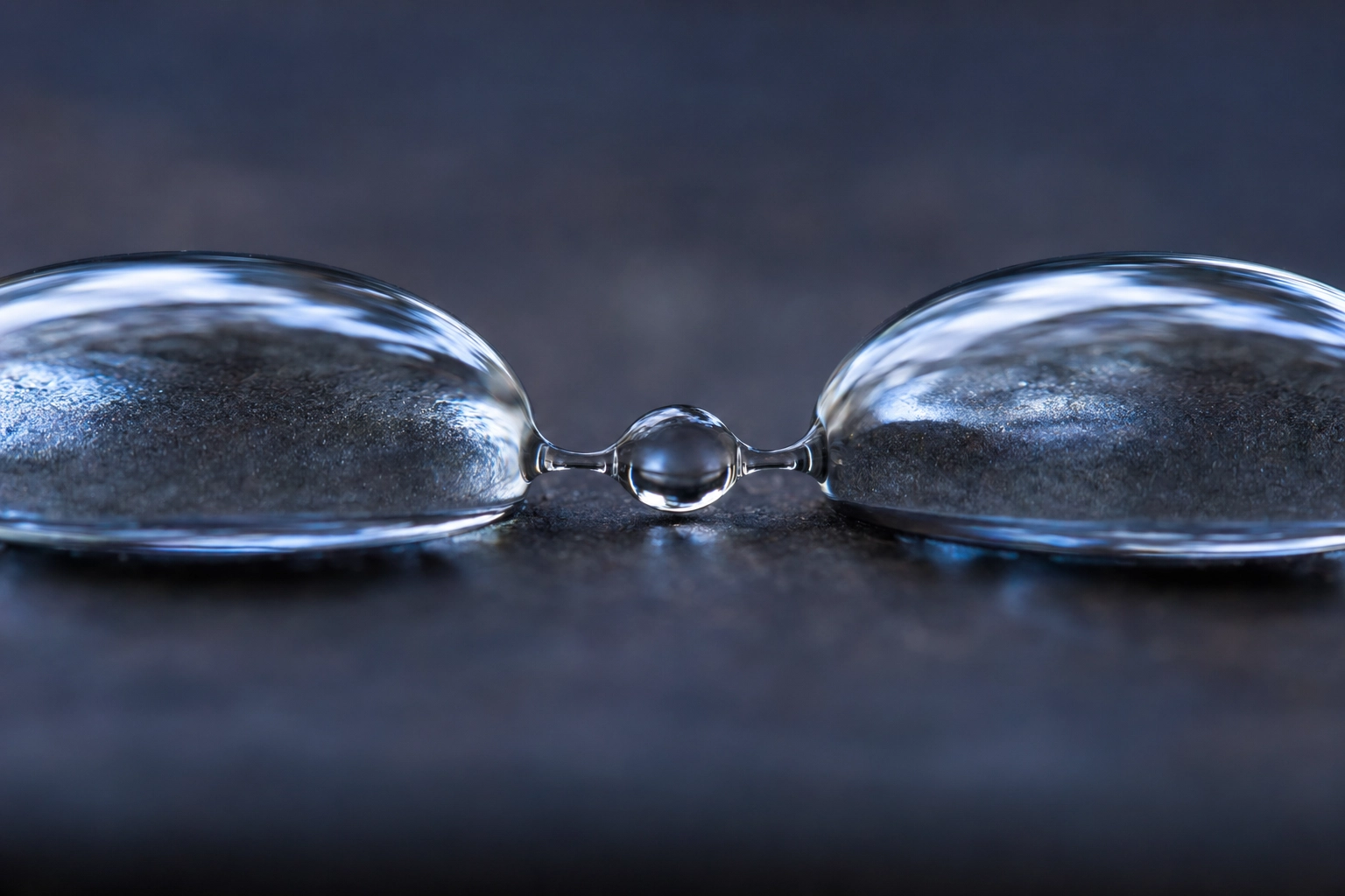 Macro photograph of three water droplets merging via a tiny bridging droplet, visualizing intrusion in connected English speech
