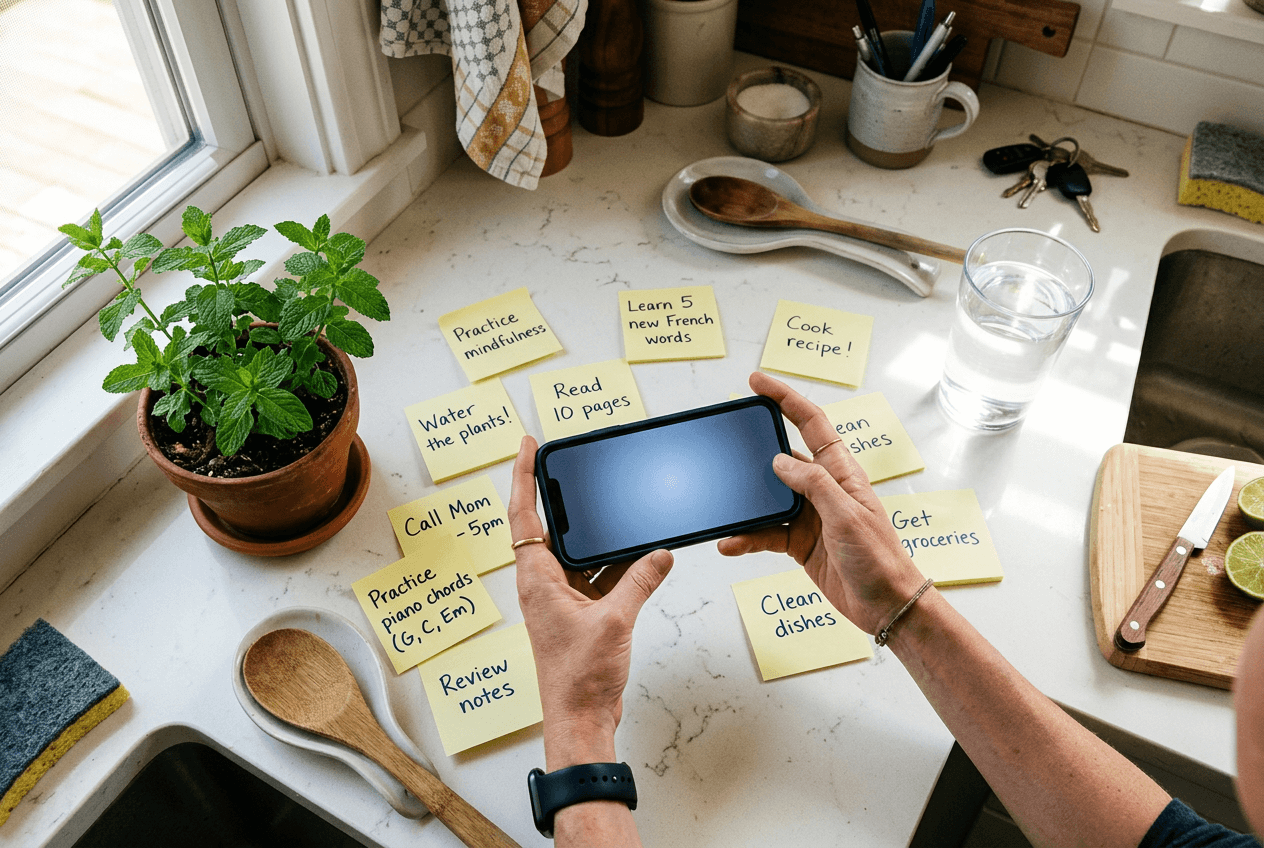 Hands holding a phone over kitchen counter with English phrase notes showing daily speaking practice integrated into everyday life