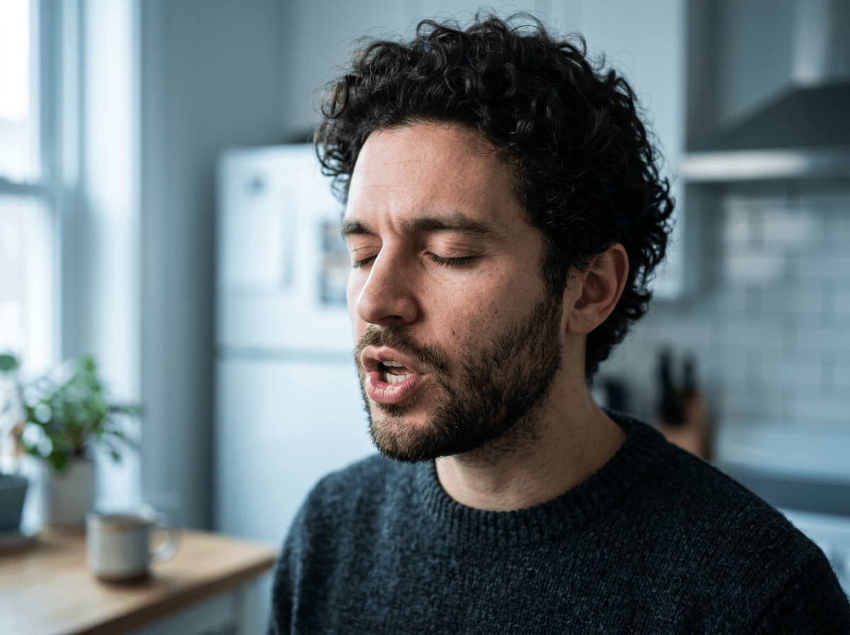 Man practicing English pronunciation with focused enunciation during a morning warm-up speaking exercise
