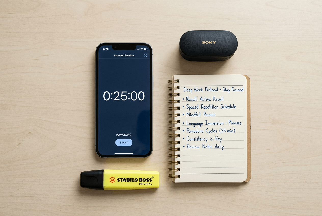 Flat-lay of English speaking practice essentials including timer, notebook with phrases, and wireless earbuds on a wooden desk