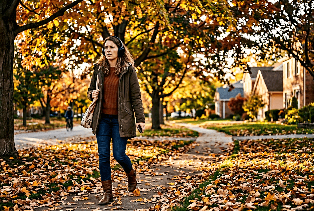 English learner shadowing a podcast while walking outdoors with headphones during a focused speaking practice session