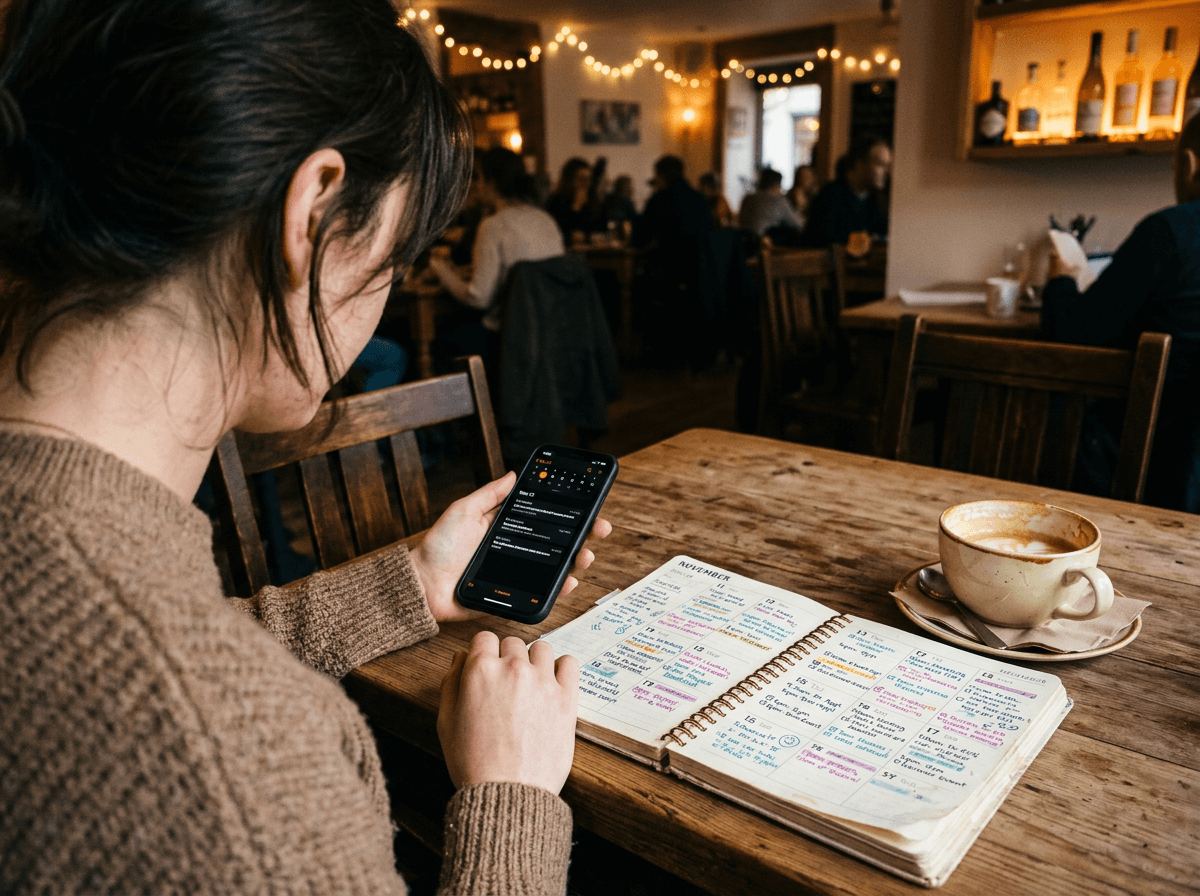 Weekly English speaking practice schedule in a planner with themed daily practice sessions marked in different colors