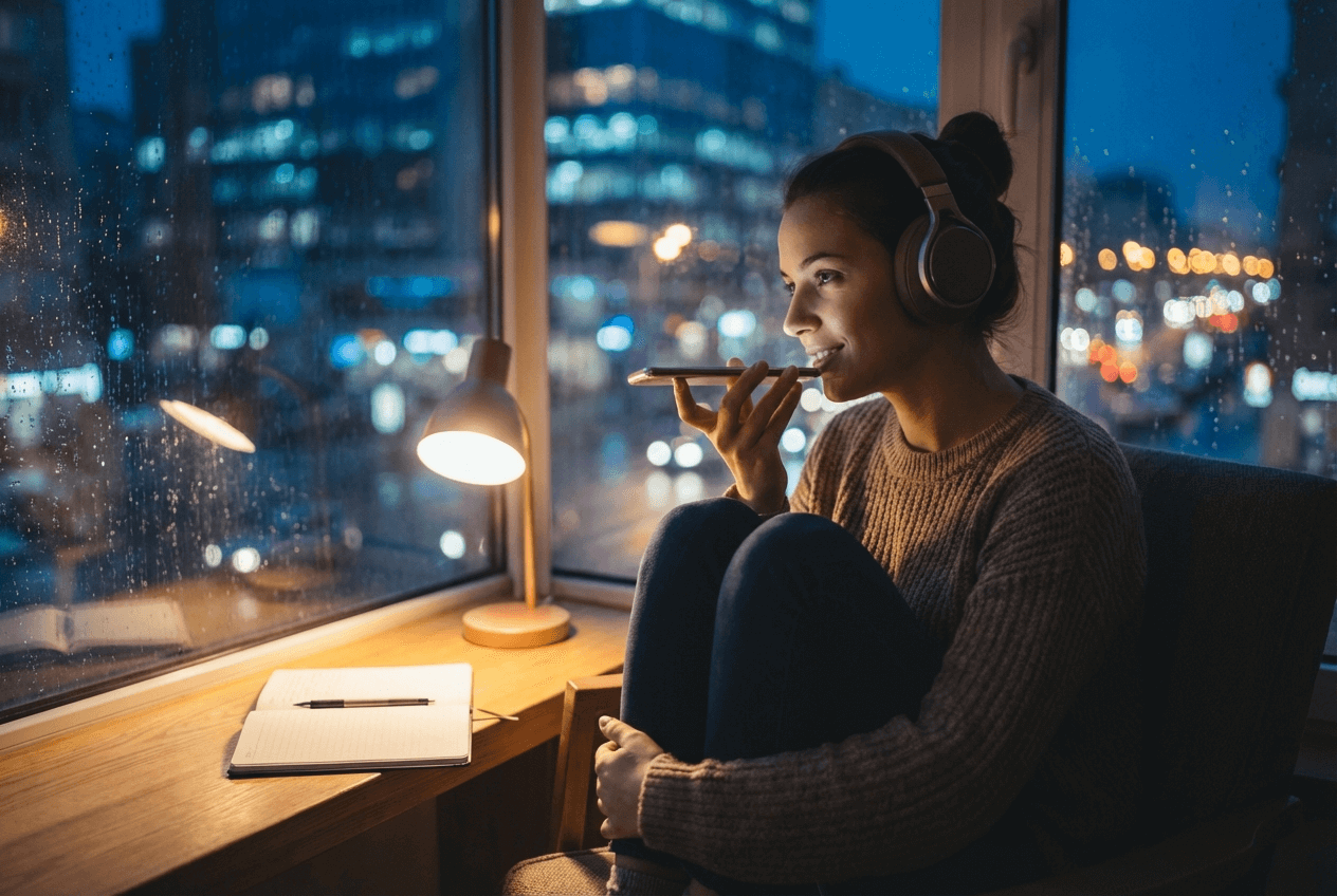 English learner practicing speaking with an AI conversation app during a quiet evening session