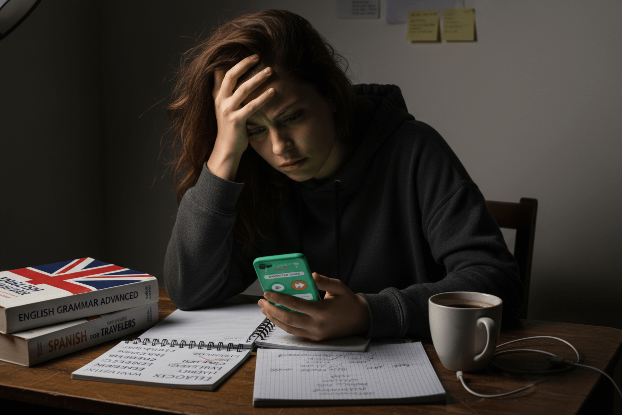 Frustrated English learner struggling with Duolingo speaking exercises that don't work