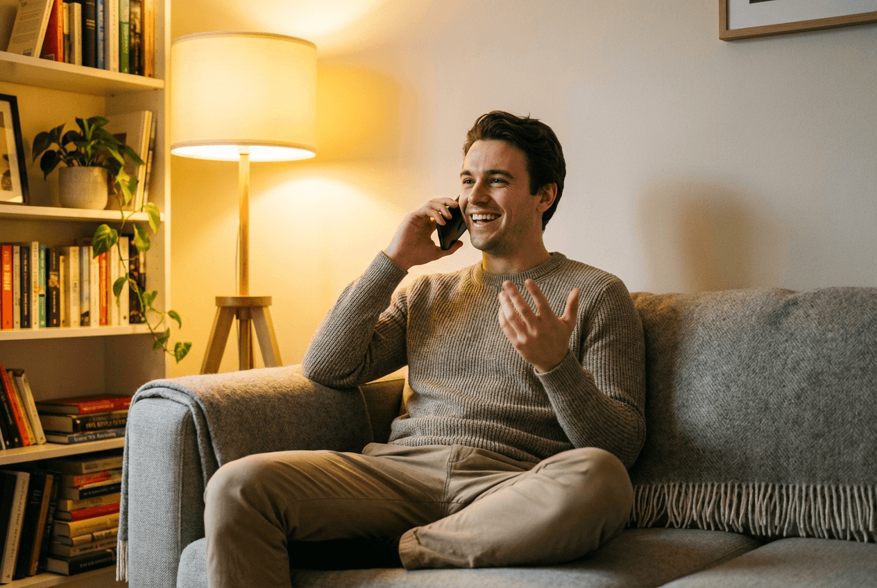 Man confidently practicing English conversation with AI tutor on Practice Me app at home