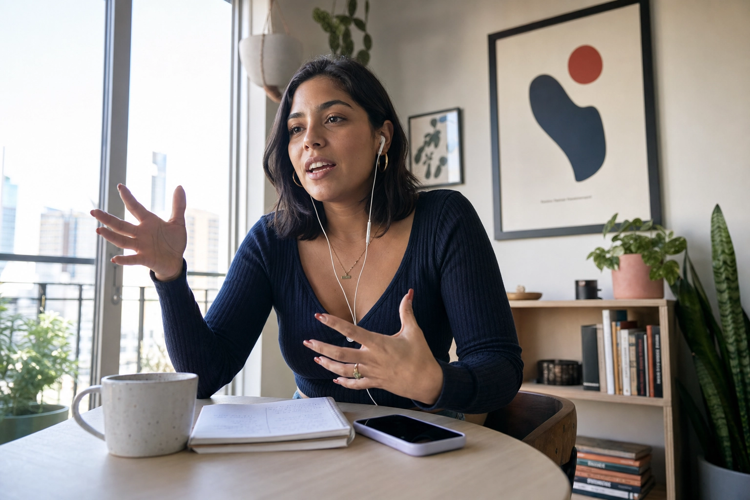 Woman holding a real-time spoken English conversation with an AI voice partner mirroring the DET Interactive Speaking format