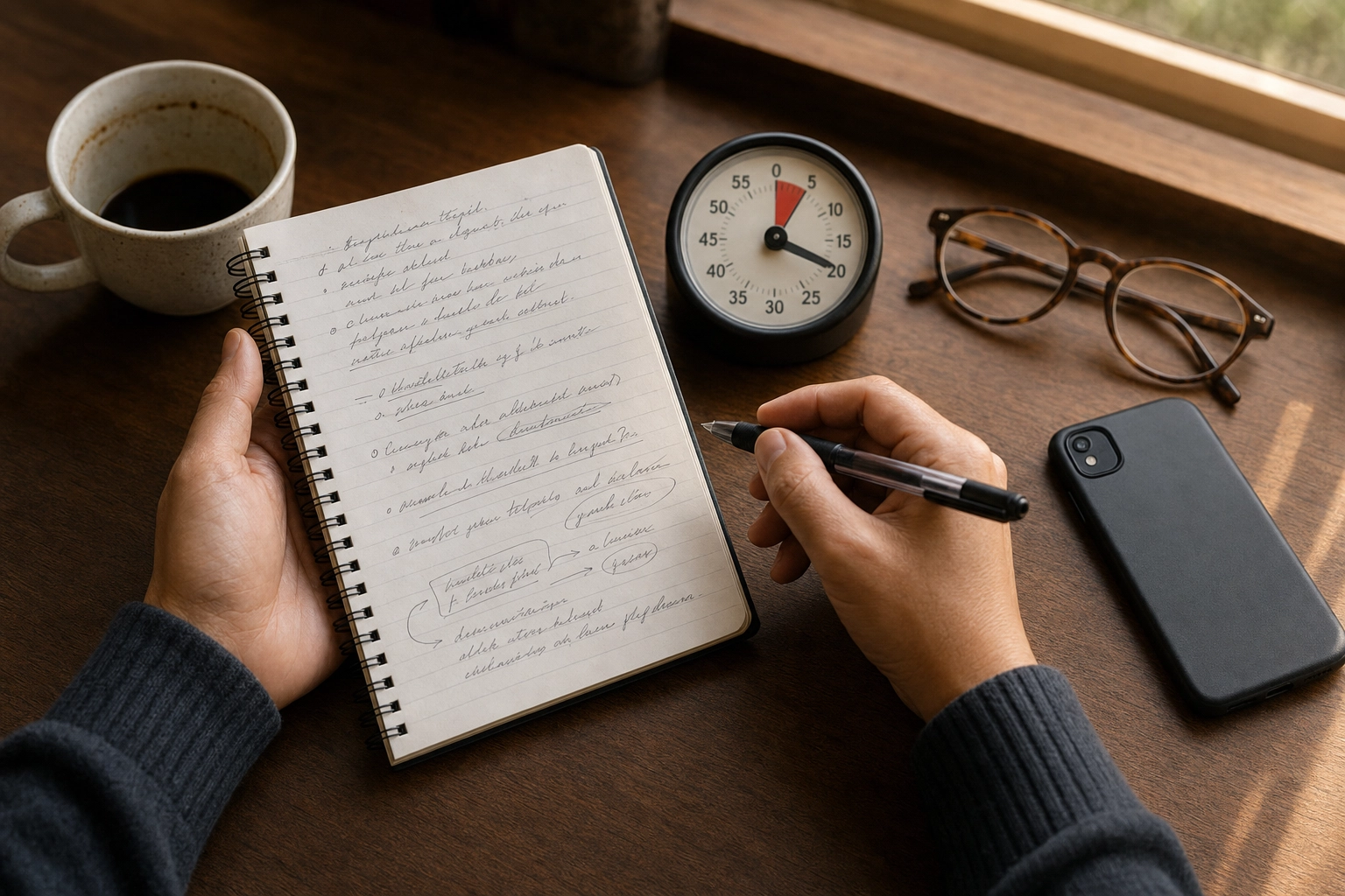 Hands planning an extended speaking response with notebook pen and twenty-second timer for the DET Read Then Speak task
