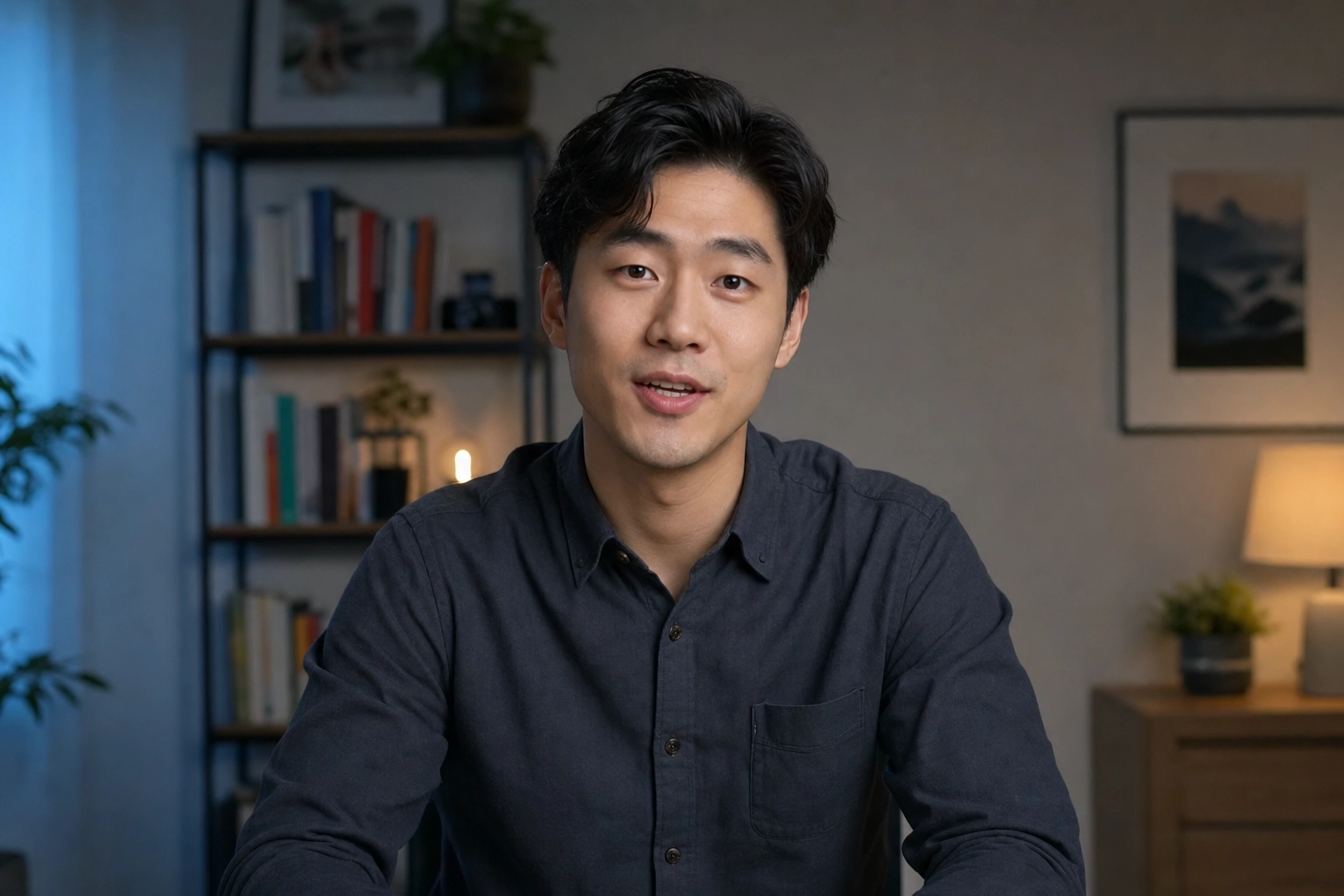 Young man recording a video response in a professional home setting for the Duolingo Speaking Sample reviewed by university admissions
