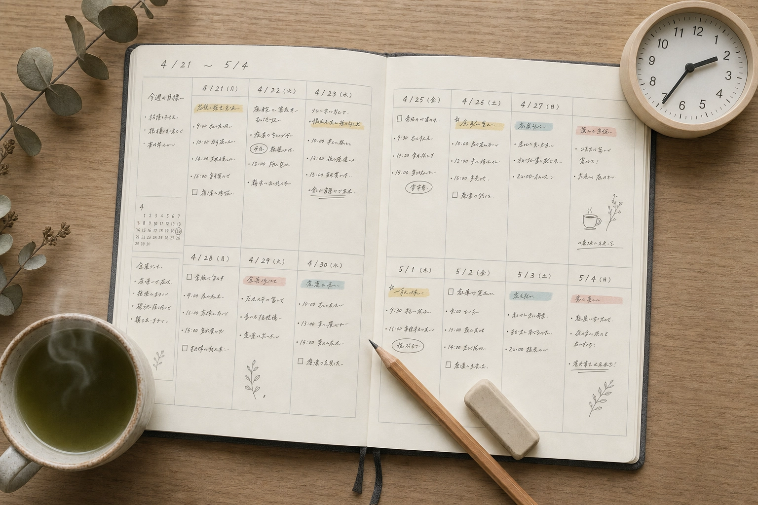 Two-week DET speaking preparation plan written in a paper planner with daily practice schedule and study tools