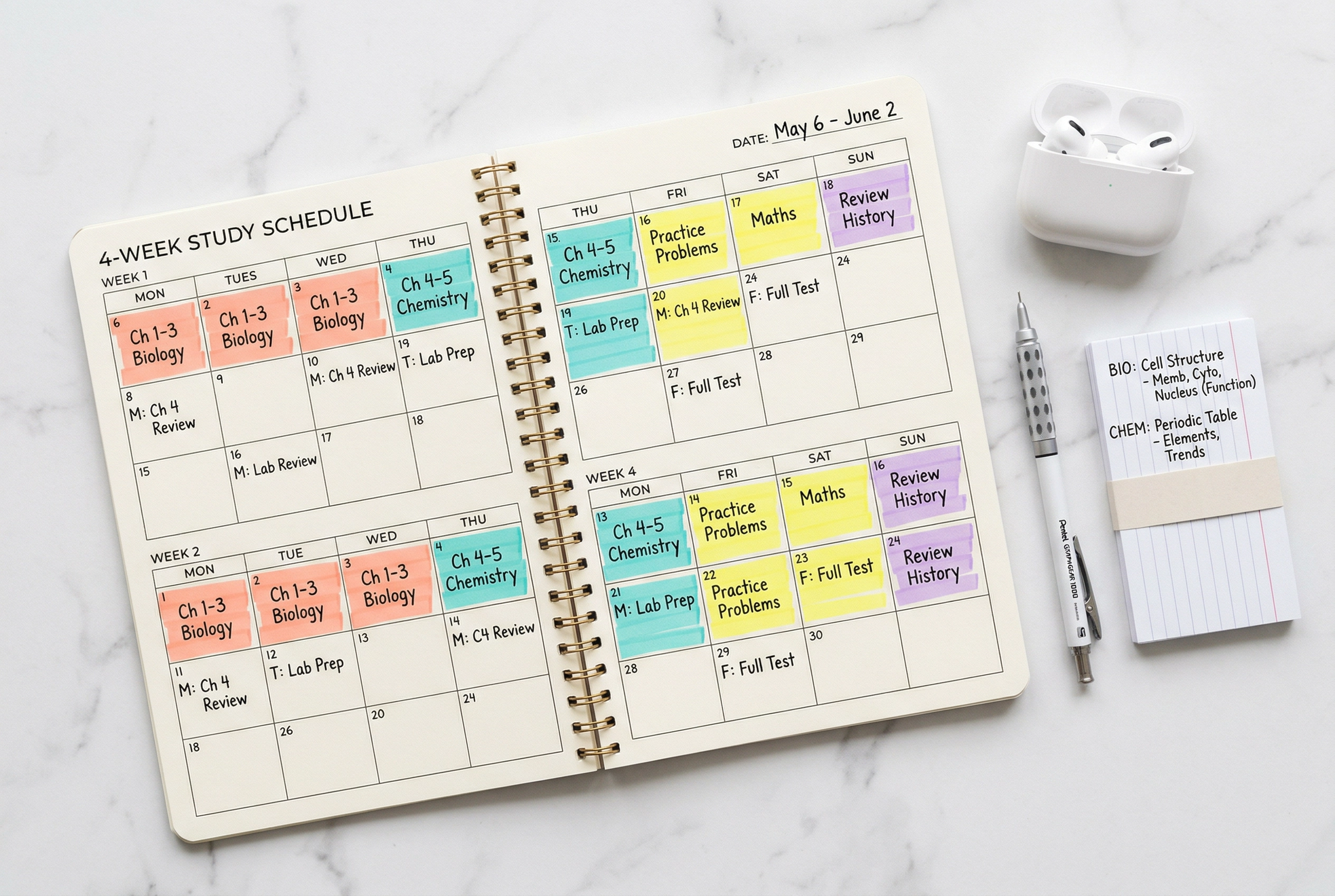 Kalender rencana persiapan speaking DET empat minggu dengan fase belajar berkode warna dan materi latihan