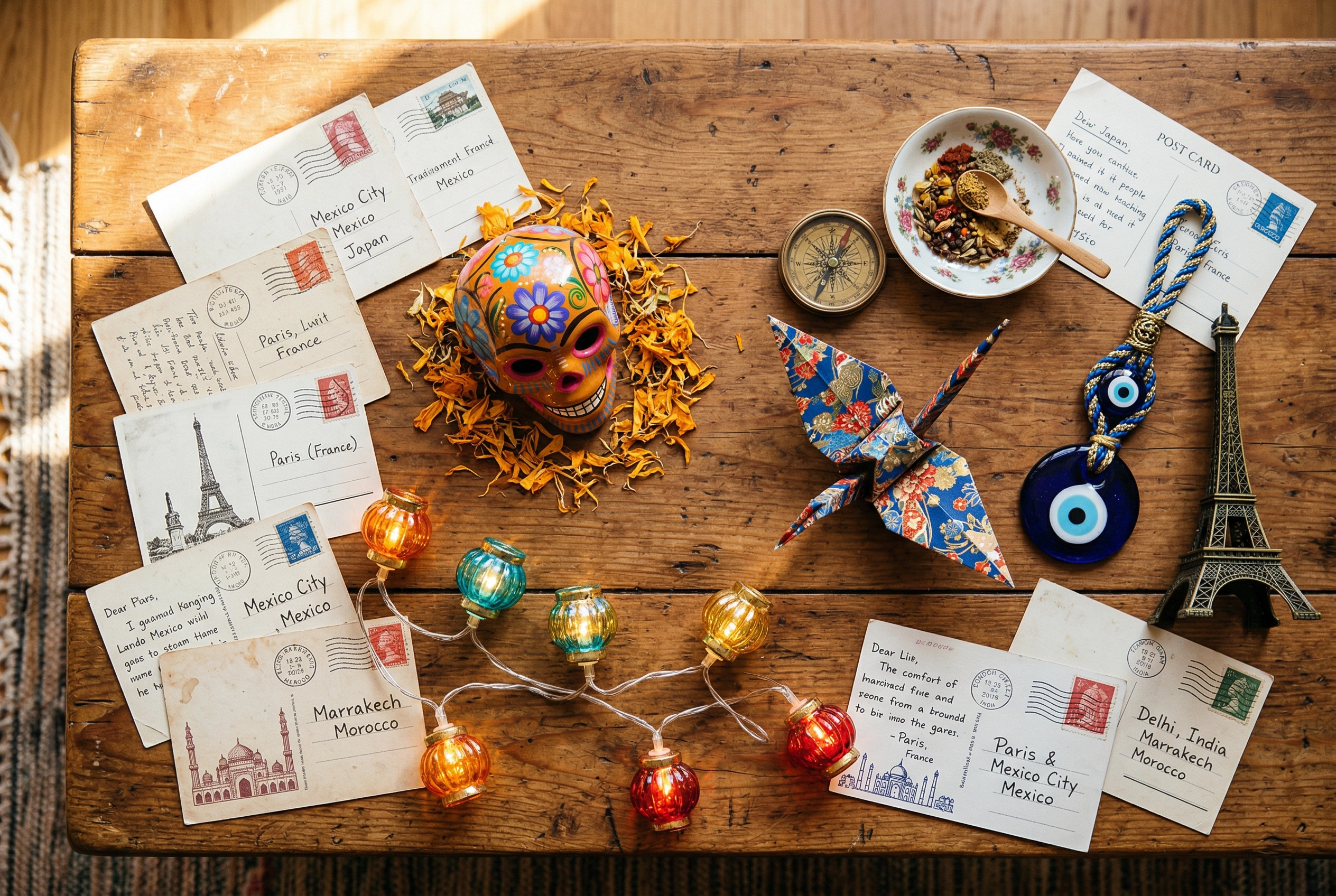 Artefak budaya dan perlengkapan perjalanan yang merepresentasikan topik speaking Duolingo English Test tentang budaya dan tradisi