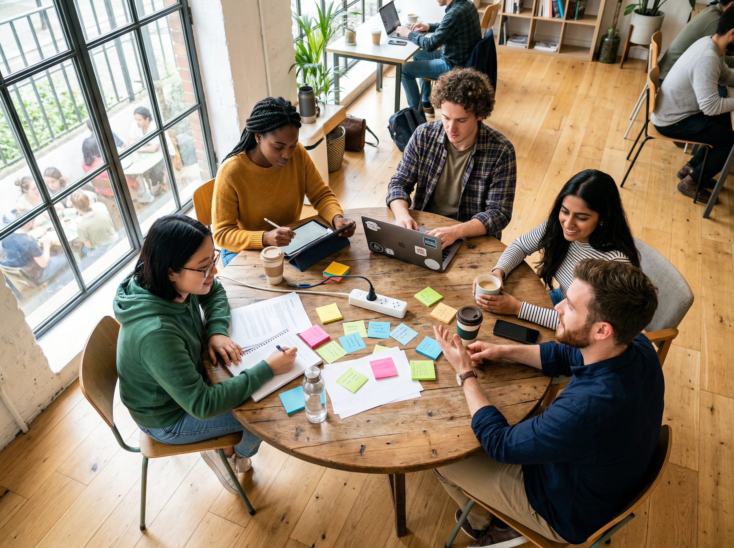 Sekelompok mahasiswa internasional mempersiapkan tes kemampuan bahasa Inggris bersama di ruang belajar modern