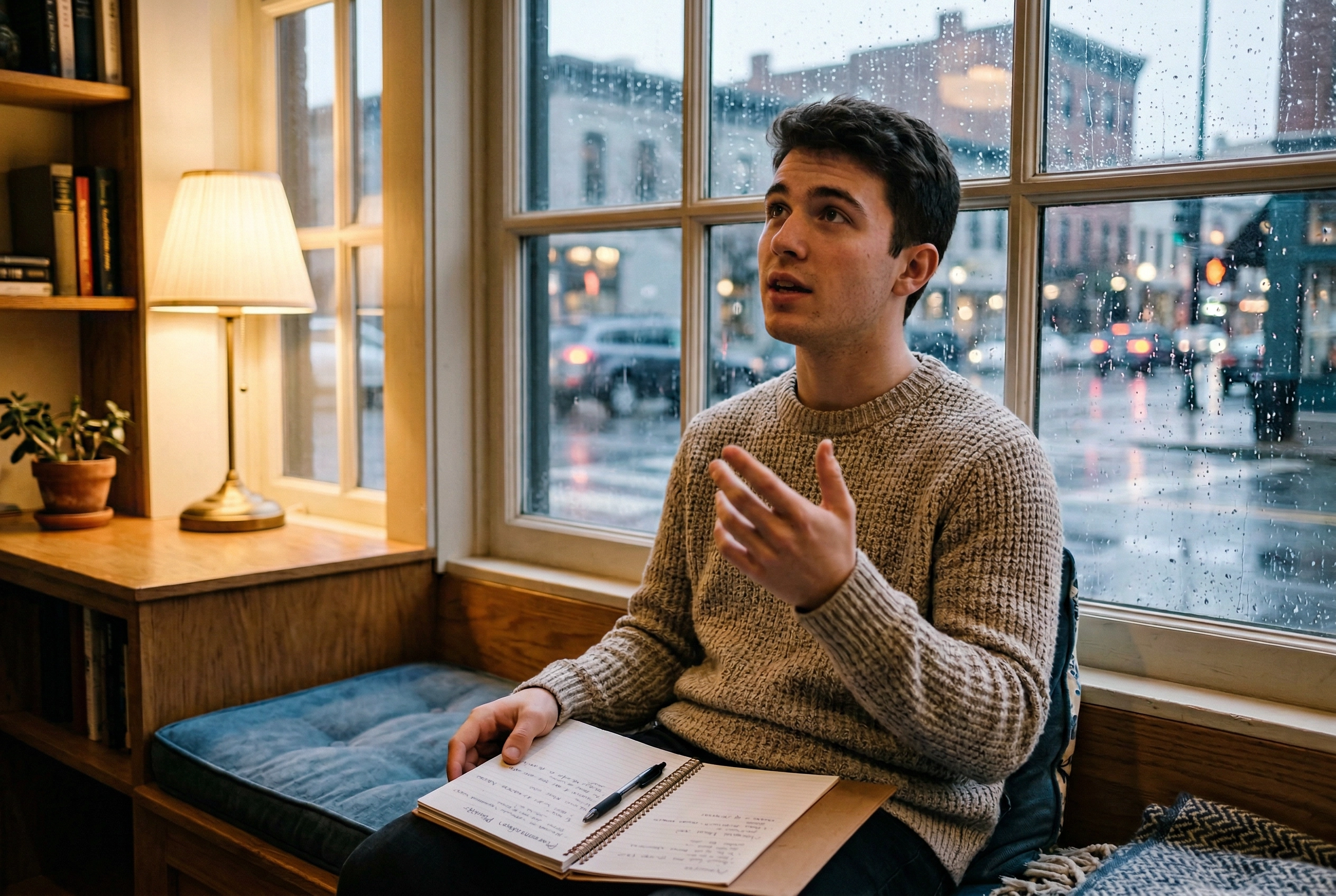 Pelajar berlatih contoh jawaban speaking Duolingo English Test dengan suara keras di dekat jendela pada hari hujan