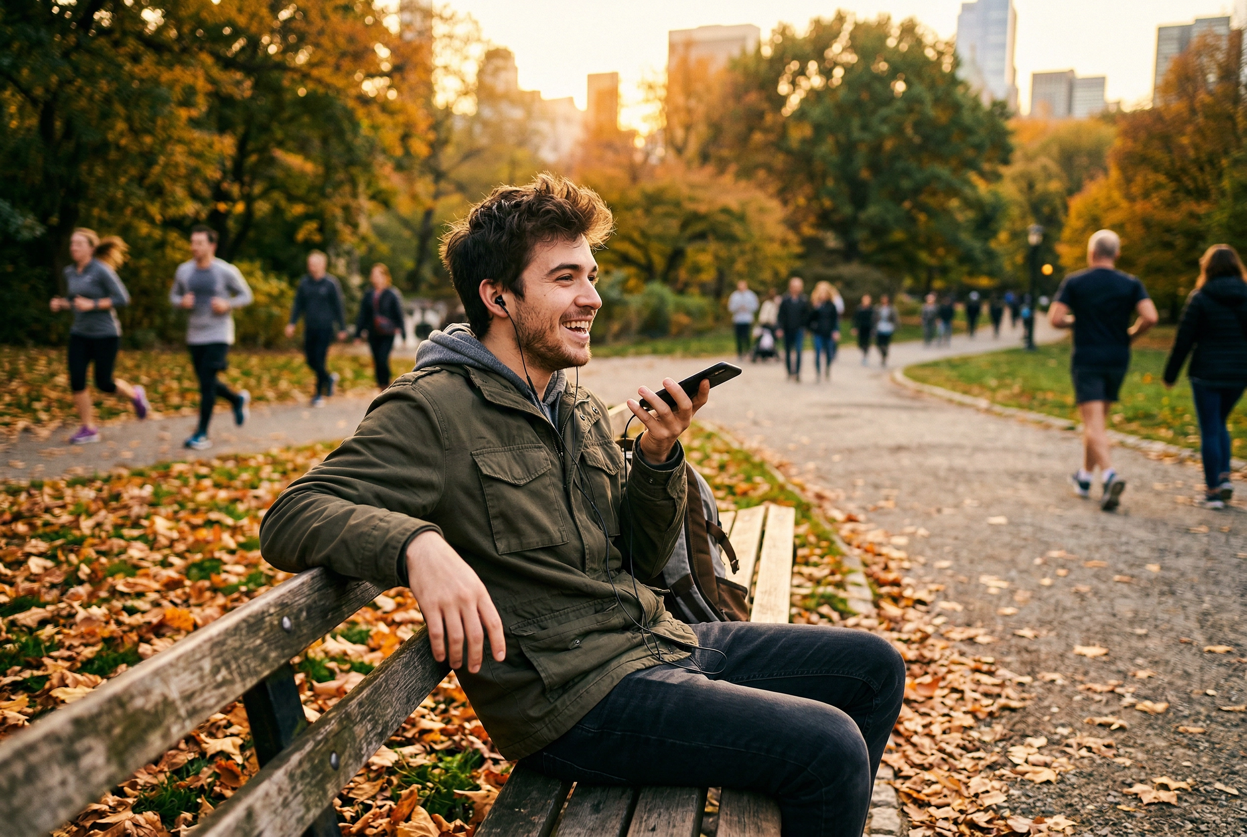 Pria muda berlatih percakapan bahasa Inggris di luar ruangan di taman menggunakan earbuds dan ponsel untuk persiapan speaking DET