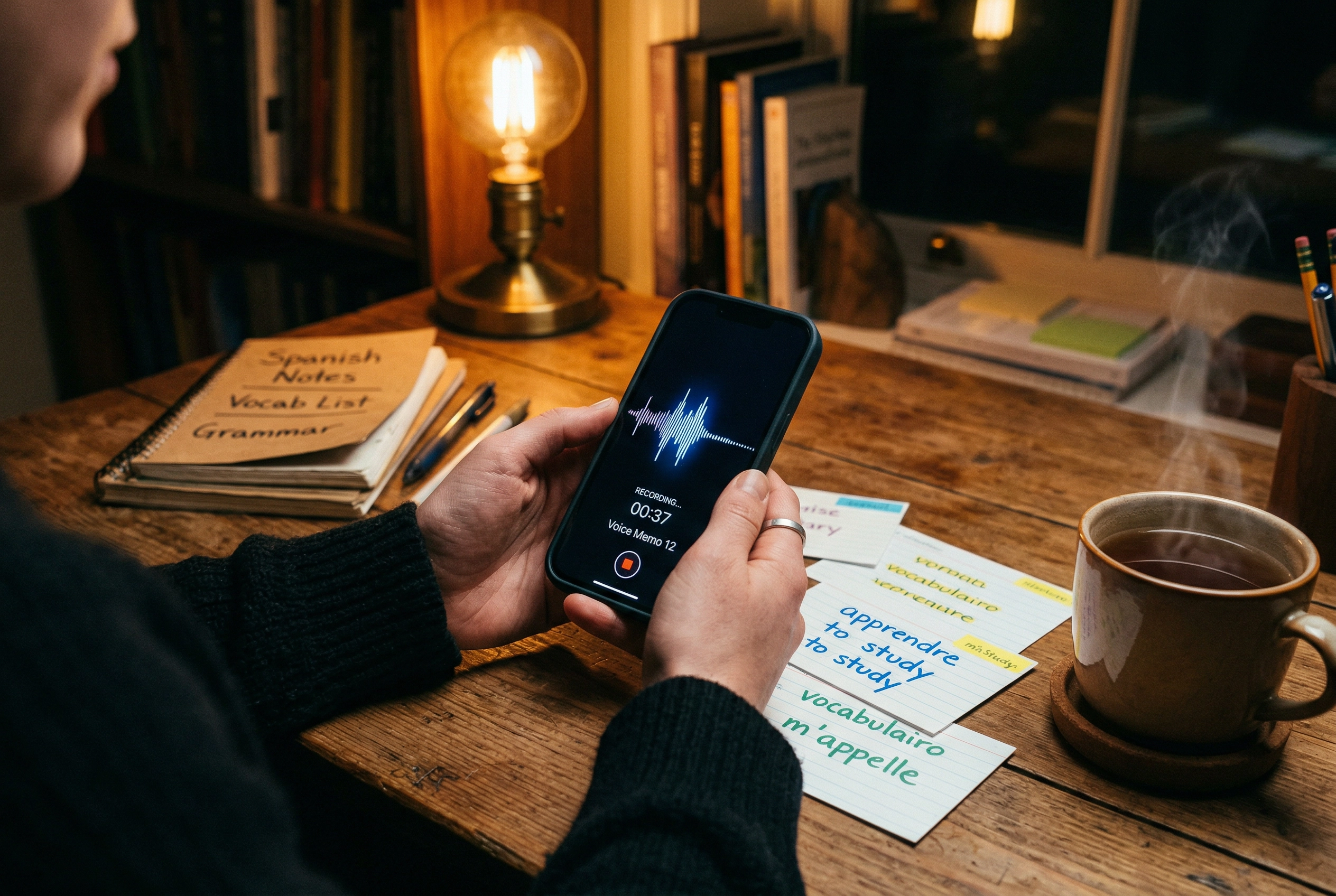 Seseorang berlatih respons speaking DET menggunakan perekam suara di smartphone saat sesi belajar malam