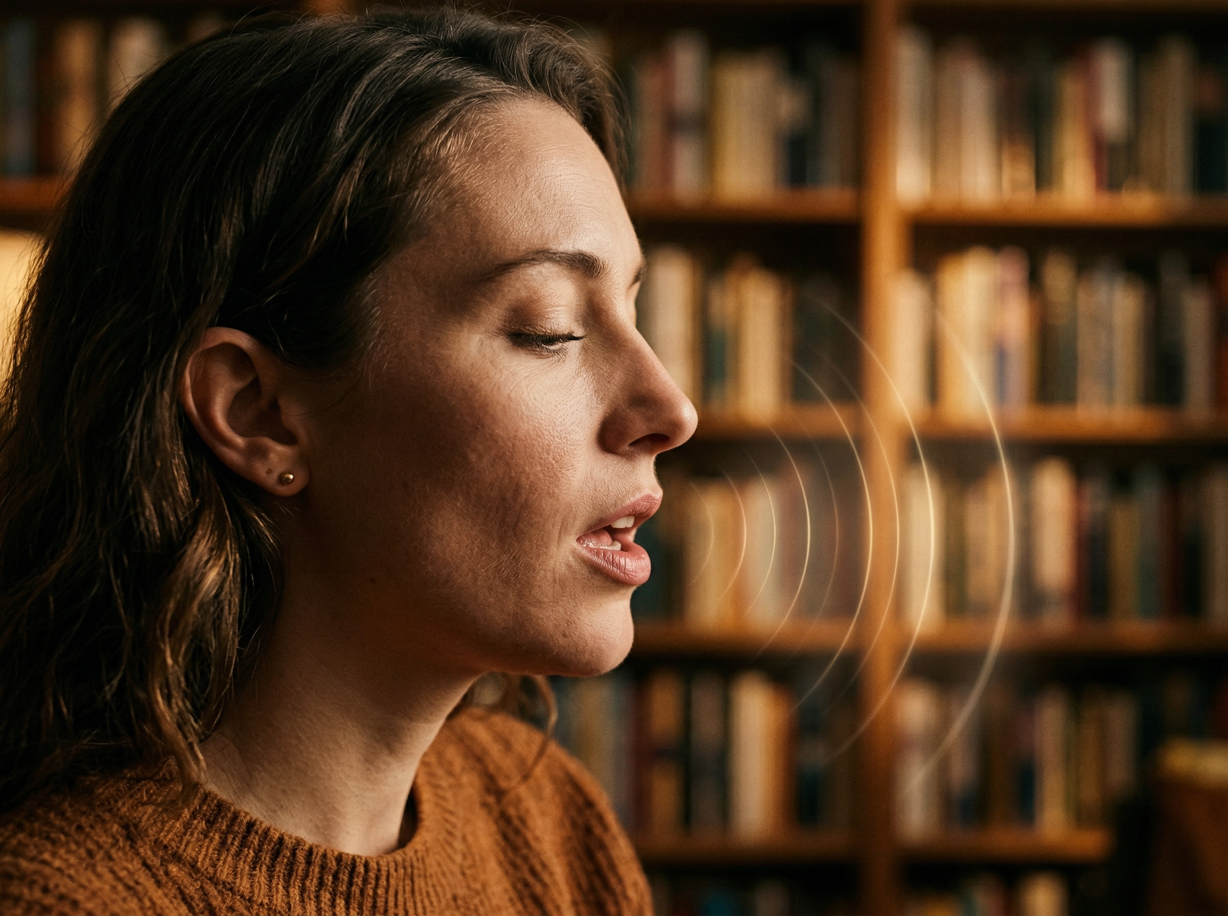 Close-up seseorang berlatih pengucapan dan speaking bahasa Inggris dengan konsep gelombang suara untuk persiapan DET