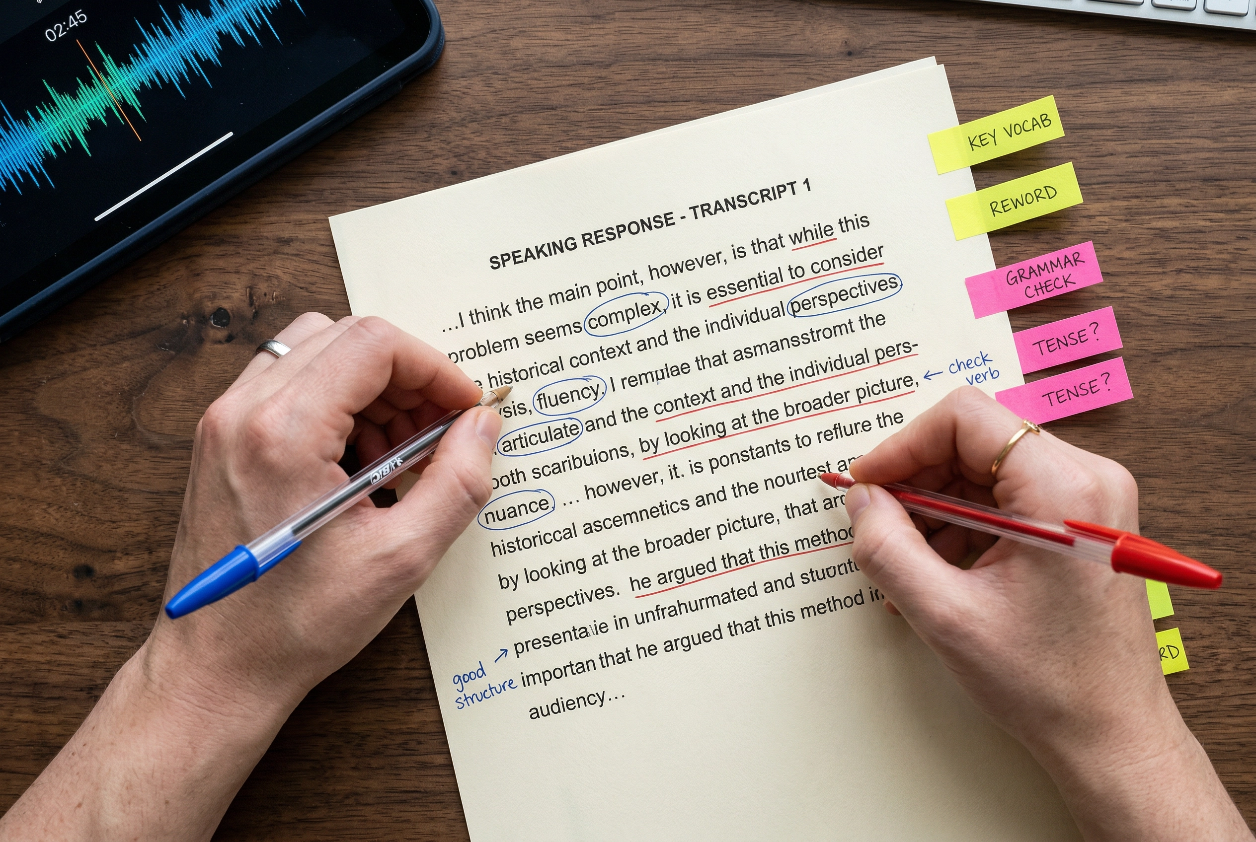 Tangan menganotasi transkrip respons speaking DET dengan koreksi kosakata dan tata bahasa untuk evaluasi diri