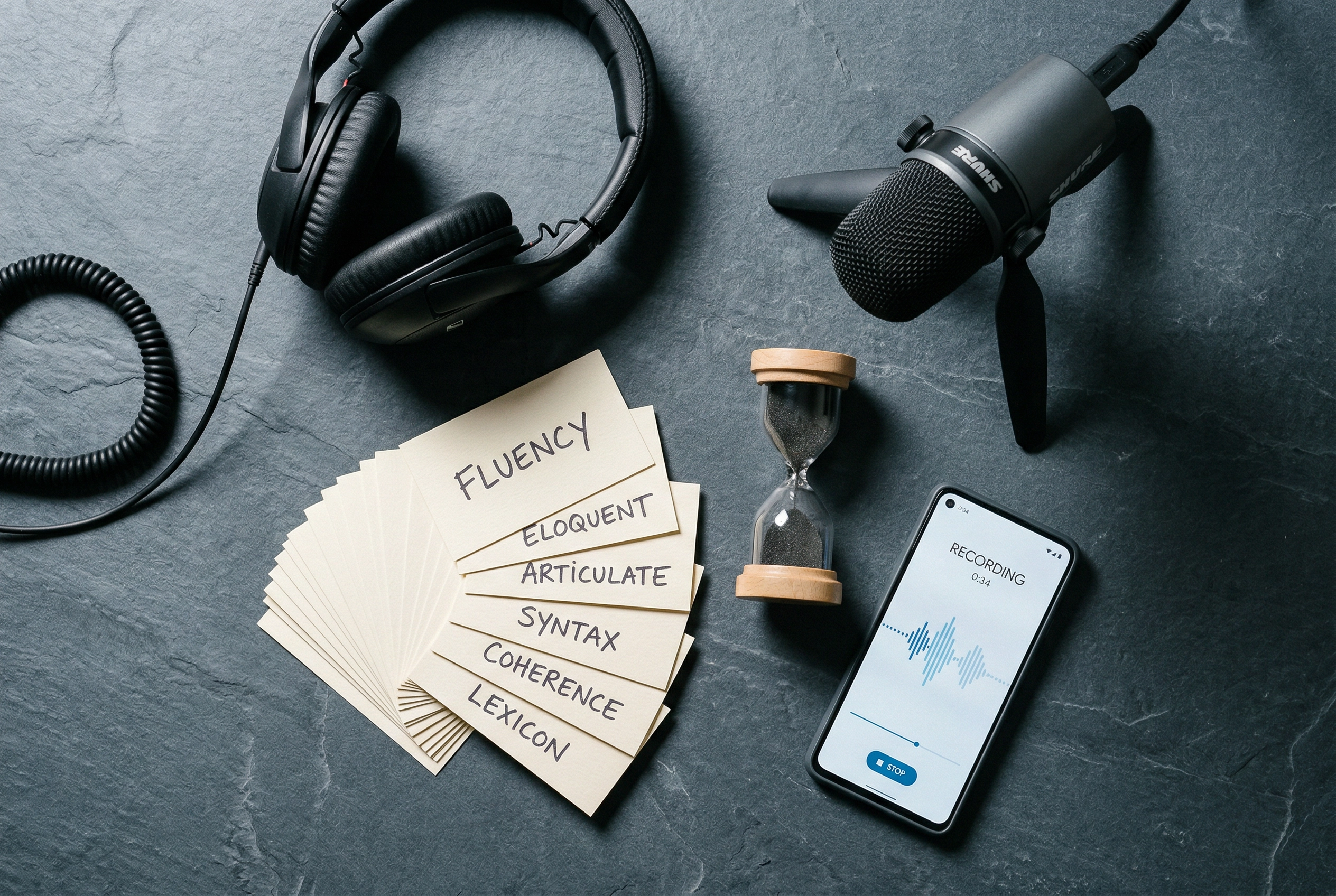 Perlengkapan penting persiapan speaking test DET termasuk headphone mikrofon flashcard dan timer ditata secara flat-lay