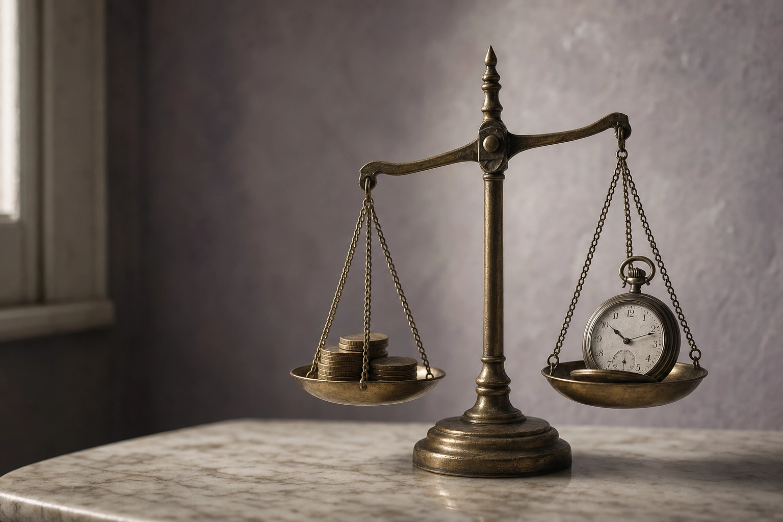Antique brass balance scale weighing coins against a pocket watch, symbolizing Duolingo Max cost versus value