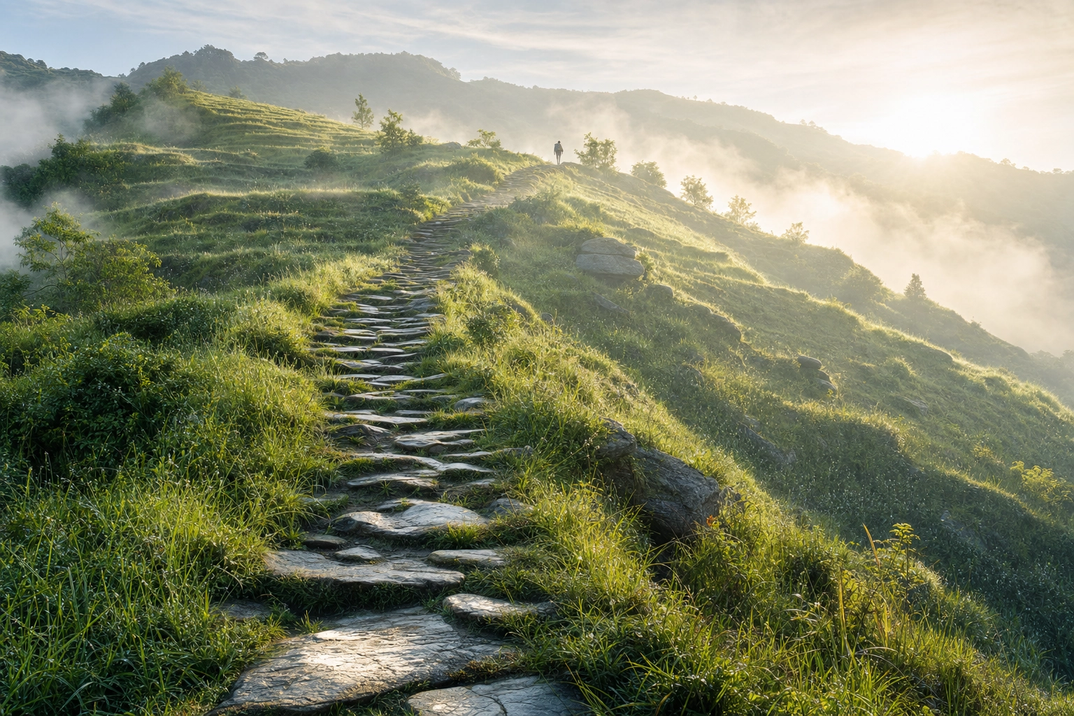 Winding stone steps climbing a misty green hillside at dawn, a metaphor for building a daily learning habit