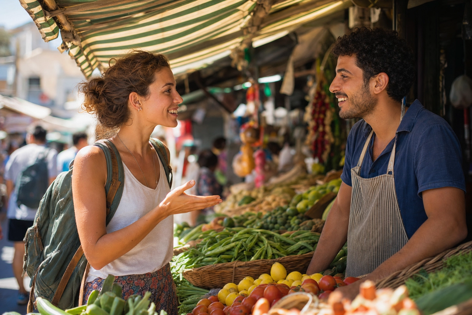 Confident traveler happily talking with a market vendor at a sunny outdoor stall, using real-world English
