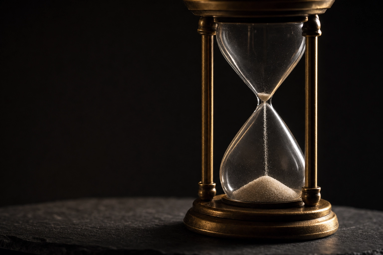 Macro of an hourglass with sand nearly run out, symbolizing Duolingo Video Call short, time-capped conversations