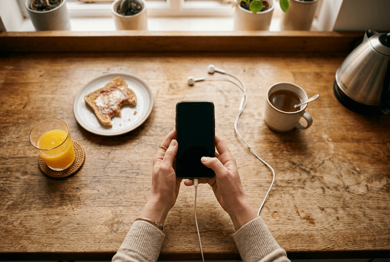 Person practicing English conversation on smartphone during morning routine with AI tutor app